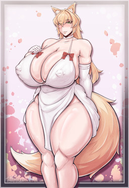 armwear big_breasts blonde_hair bodily_fluids breasts clothing curvy_figure elbow_gloves female gloves green_eyes hair handwear huge_breasts nipple_outline nipple_piercing nipples piercing solo sweat tail thick_thighs kamu33 animal_humanoid canid canid_humanoid canine canine_humanoid fox_humanoid humanoid mammal mammal_humanoid 2024 hi_res