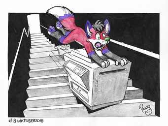anthro black_hair dipstick_tail fangs fur gloves_(marking) green_nose hair leg_markings logo male markings motion_lines nude open_mouth pawpads printer purple_eyes purple_pawpads red_body red_fur short_hair socks_(marking) solo tail tail_markings teeth white_body white_fur young young_anthro young_male pandapaco majira_strawberry canid canine fox mammal 2018 artist_logo dated partially_colored signature