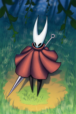 2_horns ambiguous_gender biped black_eyes black_legs cloak clothing day grass holding_melee_weapon holding_object holding_weapon horn leaf melee_weapon outside plant red_cloak red_clothing solo standing weapon silverhopexiii hollow_knight_(franchise) team_cherry hornet_(hollow_knight) arthropod 2025 2:3 absurd_res hi_res female_(lore)