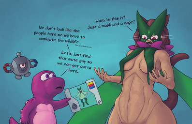 anthro brown_body brown_hair brown_skin brown_tail cape clothing cosplay countershading crossover_cosplay female female_focus fur green_body green_cape green_clothing green_fur green_mask grey_body group hair machine male mask mostly_nude pink_body pink_countershading pink_spines purple_body purple_eyes purple_skin purple_tail red_eyes simple_background tablet_computer tail text trio wearing_mask warewolf_(artist) gameoverse glitch_productions nintendo pokemon gobbles_(gameoverse) kaboodle_(gameoverse) kit_bodega animal_humanoid dinosaur felid felid_humanoid generation_1_pokemon generation_9_pokemon humanoid magnemite mammal mammal_humanoid meowscarada pokemon_(species) prehistoric_species reptile robot scalie crossover english_text hi_res signature