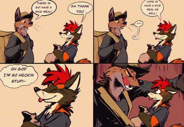 anthro backpack biped blep blue_clothing blue_topwear blush brown_body brown_fur cheek_tuft clothed clothing cross-eyed delivery_(commerce) delivery_employee dialogue duo eye_contact facial_tuft fingers fully_clothed fur hair humor imminent_vore kabedon looking_at_another male male/male multicolored_body multicolored_fur side_view smile snout standing text tongue tongue_out topwear tuft white_body white_fur mrjimmydafloof jimmy_(mrjimmydafloof) canid canine canis coyote mammal procyonid raccoon 2020 comic english_text film_grain hi_res