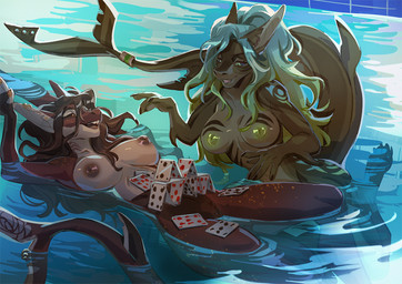 anthro areola breasts card card_castle duo ear_piercing ear_ring feet female fin fin_piercing fin_ring fingers furgonomics furry-specific_piercing genitals hair lying nipples nude on_back partially_submerged pawpads piercing pool ring_piercing smile tail teeth toes vulva water kammi-lu fish mammal marine shark digital_media_(artwork)