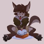 2024 anthro biped birthday_cake black_body black_fur blep cake canid canine dessert dirtypawsz_(artist) food fox fur hi_res male mammal orange_eyes slim_anthro slim_male solo tongue tongue_out white_body white_fur