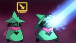 abstract_background anthro black_body black_fur clothing energy_beam eyes_closed eyewear fur glasses hat headgear headwear heart_symbol male melee_weapon open_mouth scarf simple_background solo sword text user_interface weapon potoobrigham deltarune shoop_da_whoop undertale_(series) ralsei bovid caprine goat mammal 2019 digital_media_(artwork) english_text hi_res meme