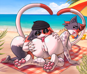 4_toes 5_fingers anal anthro beach beanie beanie_only bodily_fluids breasts butt claws clothing duo ear_piercing feet female female/female fingers genital_fluids genitals hat hat_only headgear headgear_only headwear headwear_only looking_at_another markings mostly_nude mostly_nude_anthro mostly_nude_female nude nude_anthro nude_female open_mouth oral pawpads piercing pink_pawpads rimming saliva sand sex sweat sweaty_body sweaty_breasts sweaty_butt sweaty_legs sweaty_thighs tattoo thong toes underwear vaginal_fluids vulva ai_assisted ai_generated_background xlyuz epic_games fortnite cate_meowdy meow_skulls domestic_cat felid feline felis mammal hi_res cousins_(lore) incest_(lore)