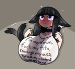 :< bangs big_breasts black_hair blue_eyes blunt_bangs blush bodily_fluids breasts choker clothing female flying_sweatdrops fuck-me_shirt hair heart_symbol hime_cut huge_breasts inner_ear_fluff jewelry necklace penis_shadow shirt simple_background solo suggestive_shirt suggestive_topwear sweat sweatdrop t-shirt tail tail_motion tailwag text text_on_clothing text_on_shirt text_on_topwear topwear tuft limebreaker until_it_snaps animal_humanoid cat_humanoid felid felid_humanoid feline feline_humanoid humanoid mammal mammal_humanoid 2019 english_text half-length_portrait hi_res meme portrait