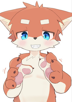 anthro blue_eyes clothed clothing countershading fangs hand_pawpads kemono lidded_eyes looking_at_viewer male orange_body reaching_towards_viewer simple_background smile solo teeth topless topless_male white_background young young_anthro young_male mfmfcha mammal 2026 half-length_portrait hi_res japanese_description portrait