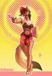 anthro bottomwear bra breasts cheek_tuft clothing container crop_top dipstick_tail ear_tuft facial_tuft female gesture hair hand_gesture hotpants markings midriff one_eye_closed pizza_box pointing shirt shorts solo tail tail_markings topwear tuft underwear wink nebanan canid canine canis mammal wolf hi_res