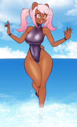 anthro beach big_breasts breasts brown_body clothing collarbone eyebrows eyelashes female hair navel_outline one-piece_swimsuit open_mouth open_smile outside pink_eyes pink_hair pose smile solo swimwear thigh_gap twintails_(hairstyle) water wide_hips wristband scorpdk bear mammal 2026 hi_res pinup