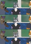 ambiguous_gender anthro blush female female_anthro fully_clothed_anthro fully_clothed_female group implied_cunnilingus inside_train train trio vehicle weaselclaw canid canine felid feline lynx mammal comic hi_res