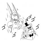 anthro bow_(feature) bow_tie clothing duo hat headgear headwear machine male spikes stare phillip-banks five_nights_at_freddy's jojo's_bizarre_adventure menacing_(meme) scottgames bonnie_(fnaf) dirty_deeds_done_dirt_cheap freddy_(fnaf) funny_valentine animatronic bear lagomorph leporid mammal rabbit robot crossover meme monochrome