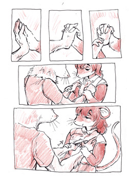 anthro biped breast_play breasts clothed clothing dialogue duo female fur hair hand_holding male male/female size_difference smaller_female speech_bubble tail text bedupolker mariella_mazatzal rusty_reavis cricetid deer_mouse mammal mouse murid murine rodent comic english_text hi_res trans_(lore) trans_man_(lore)