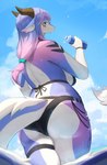 anthro bikini biped blue_eyes breasts butt clothed clothing female fur hair horn kemono looking_back low-angle_view multicolored_body multicolored_tail partially_submerged purple_body purple_hair purple_tail rear_view solo swimwear tail two-piece_swimsuit wet white_body white_fur white_tail lcshian mythology lanya_(lcshian) dragon furred_dragon furred_scalie mythological_creature mythological_scalie scalie hi_res