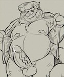 anthro balls belly bodily_fluids clothed clothing erection genital_fluids genitals male moobs nipples open_clothing open_shirt open_topwear overweight overweight_male penis precum shirt simple_background solo tongue tongue_out topwear 06betos11 canid canine mammal 2025 5:6 absurd_res hi_res