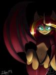 2014 3:4 anthro clothing demon equestria_girls equid equine fangs female fur glowing glowing_eyes hair hasbro hi_res horn hybrid long_hair looking_at_viewer mammal membrane_(anatomy) membranous_wings midriff my_little_pony mythological_creature mythological_equine mythology pubes silverfox057 solo sunset_shimmer_(eg) teeth tuft unicorn wings