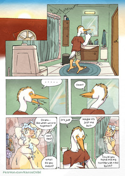 5_fingers anthro bathing bathroom bottomwear brush brushing brushing_teeth clothed clothed_anthro clothed_male clothing dialogue duo ellipsis feathers female fingers fur genitals humanoid_hands male male/female morning navel nervous nipples nude nude_anthro nude_female page_number shirt shorts shower showering speech_bubble tan_body tan_fur text toothbrush topwear vulva wet wet_body wet_fur white_body white_feathers kantachibli clover_(kantachibli) phillip_(kantachibli) avian bird bovid bovine cattle heron mammal pelecaniform comic english_text hi_res url