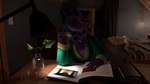 anthro bed clothed clothing dark_room eyewear fully_clothed fur furniture goggles hair lamp male object_in_mouth office pencil_(object) plant purple_body purple_fur purple_hair reading solo vase sunnyfree undertale_(series) undertale_yellow chujin_ketsukane canid canine fox mammal monster 16:9 3d_(artwork) 4k absurd_res blender_(artwork) digital_media_(artwork) hi_res widescreen