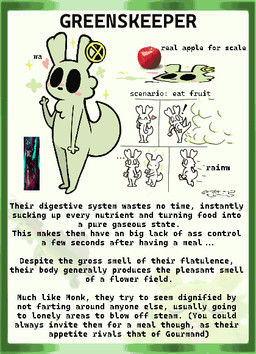 anthro apple exclamation_point fart fart_cloud female food fruit green_body green_fart_cloud heart_emanata heart_symbol outdated_model outdated_model_sheet plant semi-anthro solo standing stink_fumes stink_lines text anonymous_artist rain_world videocult greenskeeper_(character) slugcat english_text model_sheet