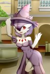 clothing detailed_background eye_through_hair female hair hat headgear headwear holding_clothing holding_hat holding_headgear holding_headwear holding_object purple_hair red_eyes solo translucent translucent_hair baterco nintendo pokemon circe_the_pokegirl gardevoir generation_3_pokemon generation_4_pokemon mismagius pokemon_(species) hi_res signature