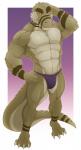 abs anthro biceps big_muscles biped border claws clothed clothing eyebrows gradient_background green_body green_scales hand_behind_head horn looking_at_viewer male muscular muscular_anthro muscular_male pecs scales simple_background solo standing stripes teeth thong toe_claws topless underwear white_border yellow_eyes aluminemsiren reptile scalie full-length_portrait hi_res portrait