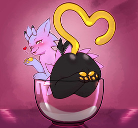 ambiguous_gender anthro black_legs bodily_fluids bottomwear bowl clothing container cum cum_in_bowl cum_in_container genital_fluids glass_bowl heart_symbol heart_tail looking_at_viewer no_body_(artist) one_eye_closed pink_background pink_body simple_background skirt solo tail velisqua_(vesxel) wink yellow_beans yellow_tail redship_games_(artist) absurd_res hi_res
