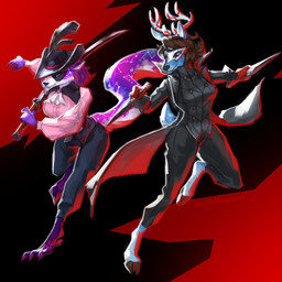 anthro antlers biped blue_body blue_fur brown_hair clothing constellation_markings countershade_fur countershading duo female fur glowing glowing_antlers hair hooves horn katana knife markings melee_weapon purple_body purple_fur smile spots spotted_body spotted_fur sword weapon white_body white_fur pretzeldragonart atlus megami_tensei mythology persona_(series) persona_5 sega astra_nova_(astranova64) luna_(lunaisadeer) deer dragon felid feline hybrid mammal mythological_creature mythological_scalie scalie 1:1 2026 absurd_res digital_drawing_(artwork) digital_media_(artwork) hi_res trans_(lore) trans_woman_(lore)