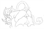 all_fours anthro anus balls butt duo fangs fur genitals hair horn looking_back male male/male nude on_top presenting presenting_hindquarters raised_tail simple_background smile tail teeth white_background fuzzikayu guild_wars charr felid mammal monochrome