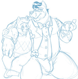 anthro arm_around_shoulders belly bottomwear bulge clothing duo eyewear facial_hair glasses hug humanoid_hands male male/male mustache overweight overweight_male pants shirt simple_background size_difference sweater sweater_vest topwear vest white_background bravo canid canine canis domestic_dog mammal wolf 2015 blue_and_white monochrome sketch
