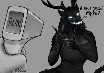 ambiguous_gender anthro antlers big_breasts biped black_body black_fur black_nose blue_eyes breasts duo female female_focus finger_gun freckled_face freckles front_view fur gesture glowing glowing_eyes hand_gesture horn humor long_nails medium_breasts nails pointy_ears sharp_nails sharp_teeth simple_background smile solo_focus standing teeth warning_message lenika vitaly_s_alexius american_mythology cat_detector_(meme) indigenous_north_american_mythology mythology north_american_mythology stupid_sexy_cryptids starshade ambiguous_species cryptid monster wendigo half-length_portrait hi_res meme monochrome portrait