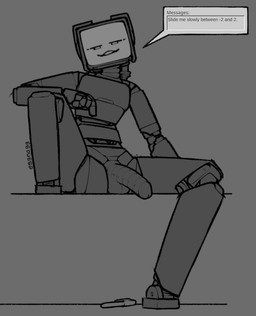 balls dialogue electronics for_a_head genitals half-closed_eyes half-erect looking_at_viewer low-angle_view machine male monitor narrowed_eyes penis presenting requesting simple_background sitting solo speech_bubble spread_legs spreading text eggnog_(artist) humanoid object_head robot robot_humanoid english_text monochrome