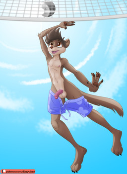 accident accidental_exposure anthro balls clothing genitals humanoid_genitalia humanoid_penis low-angle_view male nipples nude outside penis sky slim solo sport swimming_trunks swimwear volleyball wardrobe_malfunction dizzyvixen mammal mustelid musteline true_musteline weasel hi_res