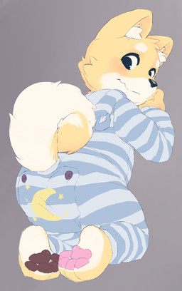 4_toes ambiguous_gender anthro black_nose blue_onesie blush blush_lines brown_pawpads button_(fastener) clean_diaper clothed clothing curled_tail diaper diaper_under_clothing diaper_under_onesie feet fur inner_ear_fluff kneeling looking_back multicolored_body multicolored_fur onesie pattern_clothing pawpads pink_pawpads rear_view smile solo striped_clothing striped_onesie stripes tail toes tuft two_tone_body two_tone_fur two_tone_tail wearing_diaper white_body white_fur white_inner_ear_fluff white_tail yellow_body yellow_fur yellow_inner_ear yellow_tail young young_anthro seth-iova tiggy_(orym) canid canine canis domestic_dog herding_dog mammal pastoral_dog welsh_corgi 2023 full-length_portrait hi_res portrait