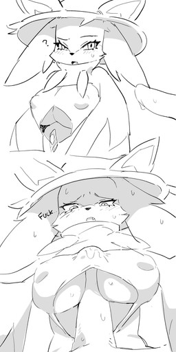 anthro blush bodily_fluids breast_play breasts clothed clothing confusion duo erection eyelashes fangs female hat headgear headwear male palmorph penis_between_breasts pseudo_clothing sex sweat teeth titfuck witch_hat ddingyong palworld pocketpair katress pal_(species) 2025 absurd_res hi_res monochrome multiple_scenes sketch