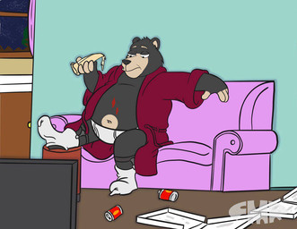 accessory anthro bathrobe beverage_can black_body black_fur black_nose box briefs clothing container curtains_open electronics food footwear fur furniture garter green_wall half-closed_eyes holding_food holding_object holding_pizza inside male messy_room monotone_briefs monotone_clothing monotone_underwear narrowed_eyes navel night overweight overweight_male pink_curtains pink_sofa pizza pizza_box red_bathrobe red_clothing red_robe robe sauce socks sofa solo television tighty_whities toony underwear wall_(structure) watching_television white_briefs white_clothing white_footwear white_socks white_underwear window foxmanad dom_(foxmanad) bear black_bear mammal ursine