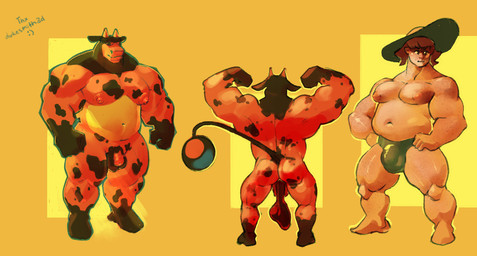 anthro backsack balls flexing genitals male male/male musclegut muscular muscular_male nipples saggy_balls claybull nintendo pokemon bovid generation_2_pokemon human mammal miltank pokemon_(species)