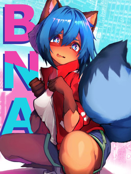 5_fingers anthro blue_body blue_eyes blue_fur blue_hair blush bottomwear breasts brown_body brown_fur clothed clothing crouching female female_anthro fingers fluffy fluffy_tail footwear fur glistening glistening_hair hair jacket kemono looking_at_viewer open_clothing open_jacket open_mouth open_topwear shoes solo tail text topwear tabhead brand_new_animal studio_trigger michiru_kagemori canid canine mammal raccoon_dog tanuki 2020 absurd_res english_text hi_res unavailable_at_source
