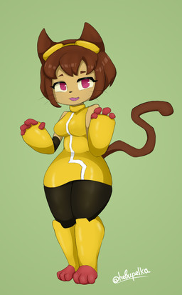 anthro black_bottomwear black_clothing black_nose black_pants bottomwear breasts brown_hair clothed clothing eyebrows eyewear eyewear_on_head female front_view goggles goggles_on_head hair looking_at_viewer medium_breasts open_mouth pants short_hair solo standing teeth topwear whiskers yellow_clothing yellow_topwear hebupelka gameoverse glitch_productions kit_bodega domestic_cat felid feline felis mammal absurd_res hi_res