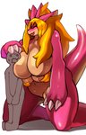 ambiguous_gender anthro big_breasts blonde_hair blush bodily_fluids breasts claws curvy_figure duo female hair huge_breasts human_on_anthro interspecies kneeling larger_anthro larger_female long_hair multi_breast nude open_mouth pink_body pink_scales pubic_mound scales simple_background size_difference smaller_ambiguous smaller_human smile sweat tail voluptuous white_background wide_hips shiroepsilon mythology dragon human mammal mythological_creature mythological_scalie scalie hi_res