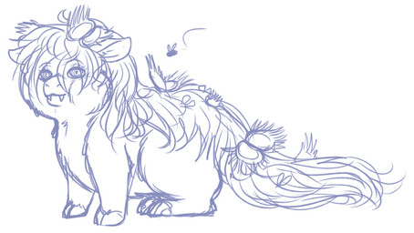 ambiguous_feral ambiguous_gender dirty eyelashes fangs feral fur hair hooves plant quadruped side_view simple_background solo tail teeth young bloodandroses fluffy_pony ambient_arthropod ambient_fly ambient_insect elemental_creature flora_fauna fluffy_pony_(species) mammal 2025 digital_media_(artwork) english_description female_(lore)
