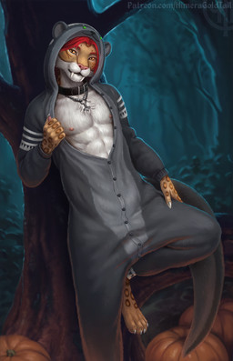 4_toes 5_fingers abs anthro areola athletic athletic_anthro athletic_male brown_body brown_fur chest_tuft claws clothed clothing collar costume digitigrade fangs feet fingers food forest fruit fur grey_clothing hair kigurumi looking_at_viewer male markings mjolnir_necklace mouth_closed navel nipples onesie orange_eyes partially_clothed pawpads pecs pink_nipples pink_nose pink_pawpads plant pumpkin pupils red_hair sabertooth_(anatomy) slit_pupils solo spots spotted_body spotted_fur standing tail tapering_tail teeth toes tree tuft white_body white_claws white_fur himeragoldtail ashnu felid mammal prehistoric_species saber-toothed_tiger 2025 digital_media_(artwork) hi_res
