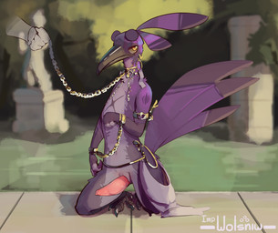 anthro bound chain chained crouching disembodied_hand duo feathers jewelry looking_at_viewer male multicolored_body purple_body slave slit_penis yellow_eyes impwolsniw anon winslow_(impwolsniw) avian absurd_res hi_res