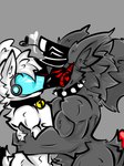 anthro black_body breast_squish breasts clothing duo hat headgear headwear heart_symbol hug kissing machine male male/male squish white_body roder_vasquez protogen hi_res