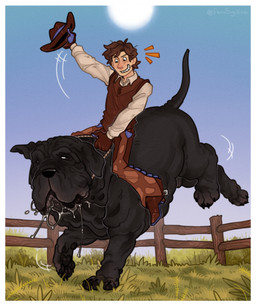 black_body black_fur bodily_fluids boots brown_hair clothing cowboy cowboy_boots cowboy_hat cowboy_outfit dewlap_(anatomy) dripping drooling duo fence feral floppy_ears footwear fur grass hair hat headgear headwear jowls light_body light_skin looking_at_another male male/male motion_lines outside paws plant rodeo rodeoplay saliva saliva_drip saliva_string shoes size_difference smile sun tail wood wood_fence wrinkles fernsigillum rex_(kingmastiff30) canid canine canis domestic_dog human mammal mastiff molosser neapolitan_mastiff hi_res signature
