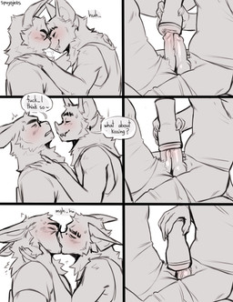 anthro anthro_on_anthro balls biped blush bottomwear clothed clothed_anthro clothed_male clothing dialogue duo erection eyewear frottage fur genitals glasses kissing male male/male penetrable_sex_toy penile penis penises_touching profanity sex sex_toy sharing_penetrable_sex_toy sharing_sex_toy smile text topwear spuydjeks marshall_(spuydjeks) miles_(spuydjeks) bat lagomorph leporid mammal rabbit 2025 absurd_res comic digital_drawing_(artwork) digital_media_(artwork) english_text hi_res