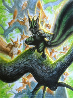5_fingers ambiguous_gender biped black_body black_fur blind_eye brown_body brown_fur buckteeth feral fingers fur green_body green_fur group open_mouth plant smile standing tail teeth tree whiskers milivoj_ceran hasbro magic:_the_gathering wizards_of_the_coast chatterfang_(magic:_the_gathering) mammal rodent sciurid tree_squirrel 2020 3:4 hi_res official_art traditional_media_(artwork)