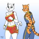 blue_eyes duo female fur green_eyes jogging male midriff navel orange_body orange_fur white_body white_fur heresy_(artist) legend_of_kay kay_(legend_of_kay) su_ling felid mammal 1:1 digital_media_(artwork) hi_res