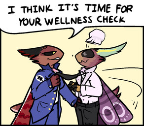 ambiguous_gender antennae_(anatomy) anthro arthropod_abdomen belt black_eyes black_sclera bottomwear breasts chef chef_hat chef_uniform claws clothed clothing clothing_pull dialogue duo female fur hand_in_pants hat headgear headwear neck_tuft necktie necktie_pull open_mouth shirt simple_background smile surprised tail text topwear tuft uniform unprofessional_behavior wings bizart nanotrasen space_station_13 shiva_(bizart) arthropod insect lepidopteran moth 2025 aliasing digital_media_(artwork) english_text intersex_(lore)