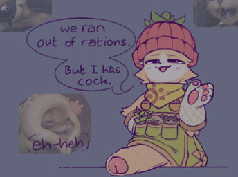 anthro bedroom_eyes big_penis clothed clothing foreskin genitals huge_penis male narrowed_eyes penis penis_on_table penis_poking_out presenting presenting_penis seductive solo speech_bubble text tyln7000 capcom monster_hunter felid felyne lynian mammal