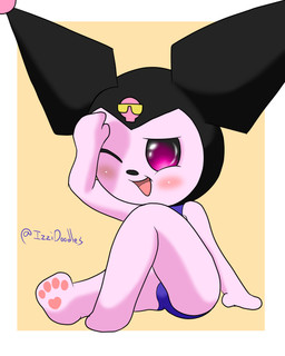 beach blush clothing covering covering_self featureless_hands female fool's_hat hat headgear headwear kemono one-piece_swimsuit one_eye_obstructed paws pink_body simple_background sitting solo swimwear young izzipurrito onegai_my_melody sanrio kuromi demon lagomorph leporid mammal rabbit 4:5 absurd_res hi_res