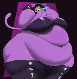 :3 anthro belly belly_overhang big_belly big_breasts black_eyes black_hair blue_hair breasts clothing eyelashes fangs fat_arms female gloves hair hands_behind_head handwear highlights_(coloring) latex latex_clothing latex_gloves latex_handwear latex_legwear latex_thigh_highs latex_topwear legwear looking_at_viewer love_handles navel obese obese_anthro obese_female overweight overweight_anthro overweight_female purple_body smile solo stretch_marks tail teeth thigh_highs topwear yellow_sclera kamisoriga undertale_(series) catty_cattenheimer domestic_cat felid feline felis mammal 2025 absurd_res hi_res